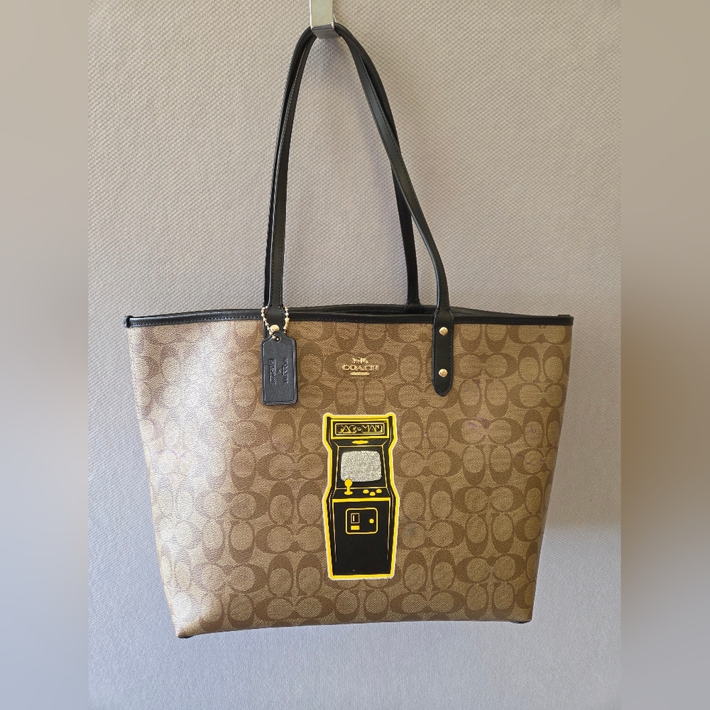 Coach Brown Reversible LargeTote Bag with Arcade Pac-man Special Edition Graphic